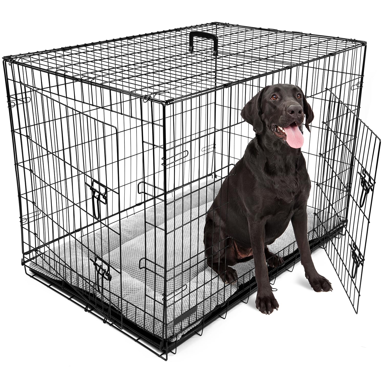 DogCrates+ Extra Large Foldable Dog Crate with Bed, 2 Doors Design, Non-Chew Metal, Removable Tray, 42-Inch Black — image 1
