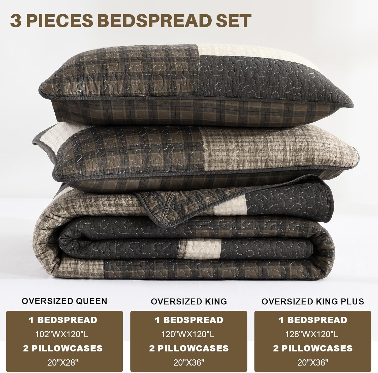 Oversized Quilt Bedspread 120"x120", 100% Cotton Patchwork King Bedspreads Coverlet Set with Pillow Cases, Lightweight Quilted Farmhouse Bedding Cover, 3 Piece, Brown/Beige/Gray