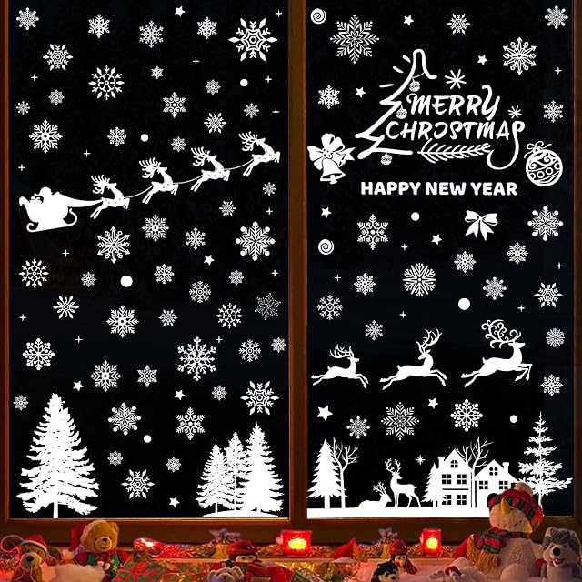 Accjzzlyn 9 Sheets 176Pcs White Christmas Window Stickers Reusable Snowflake Window Decorations Reindeer Sleigh Xmas Window Stickers White Christmas Decorations