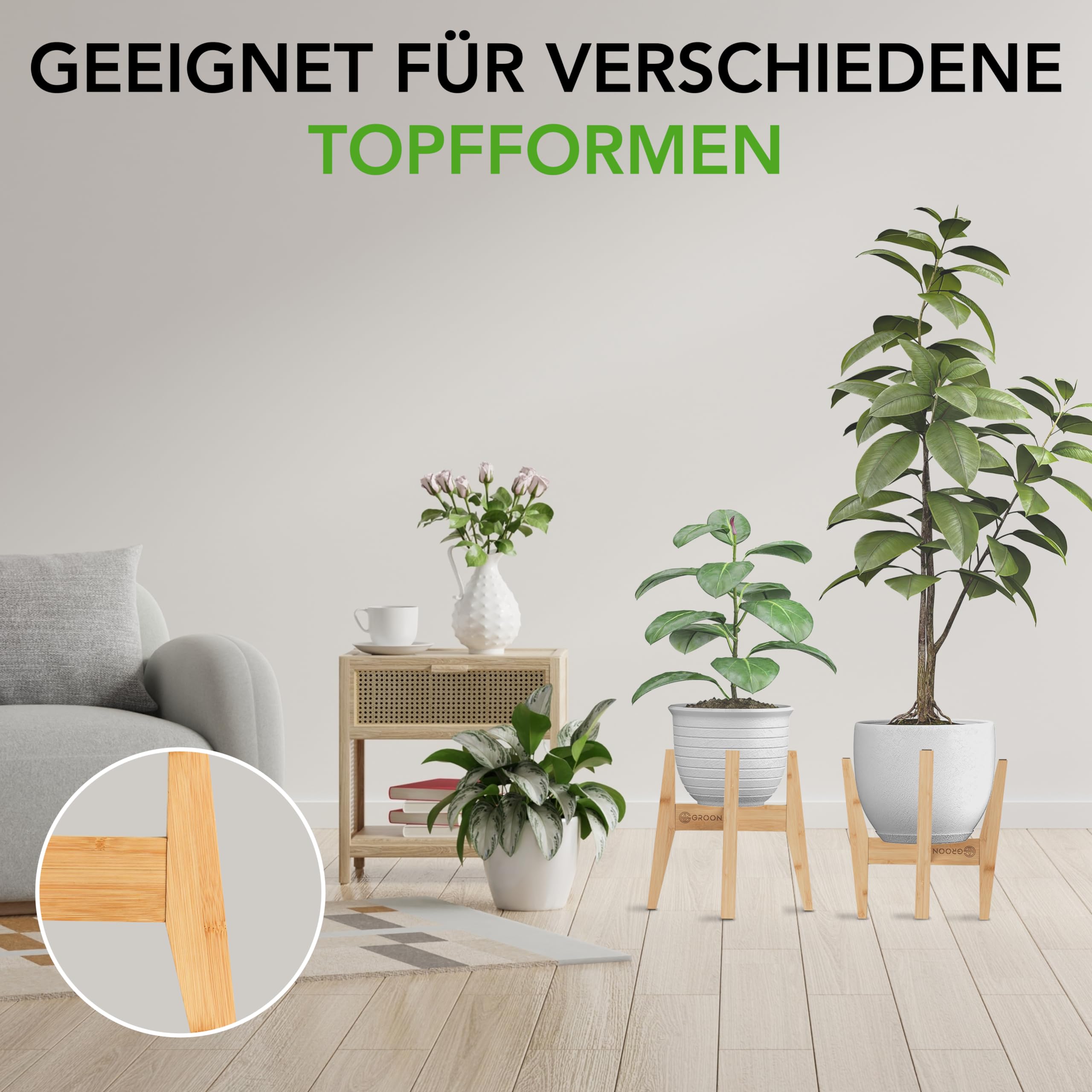 Groon® Blumenständer Holz - Verstellbarer Premium Pflanzenständer für 20-30 cm große Pflanzentöpfe - hellbrauner Blumenhocker Pflanzenregal Pflanzenhocker aus Bambus - plant stand indoor und outdoor
