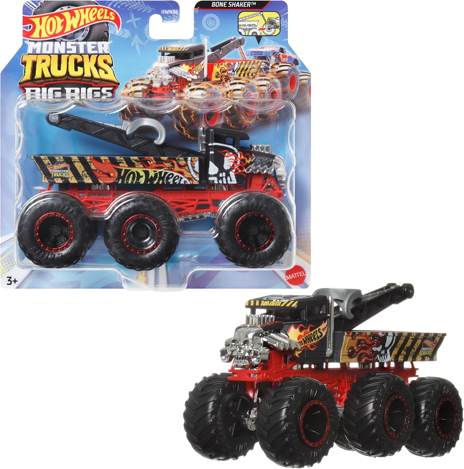Hot Wheels Monster Trucks Big Rigs z 6 kołami | Pojazd w skali 1:64 przewozi inne ciężarówki na platformie lub hakiem, żywe kolory i duże koła, HWN86