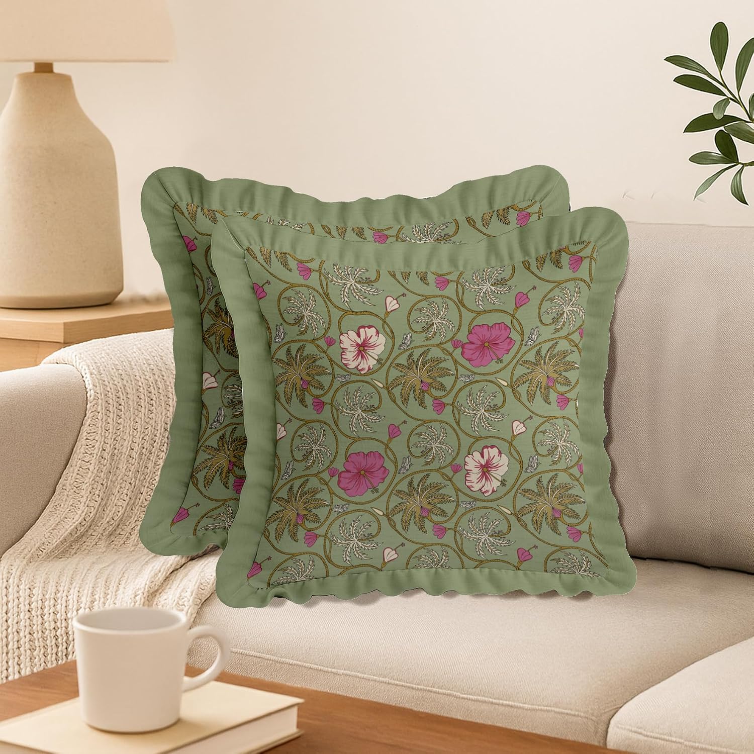 Throw Pillow Covers Set of 2-100% Cotton Twill, Frilled Edge, Double Sided Print, 16 x 16 Inch Decorative Cushion Covers, Hidden Zip, No Filler - Floral Pattern