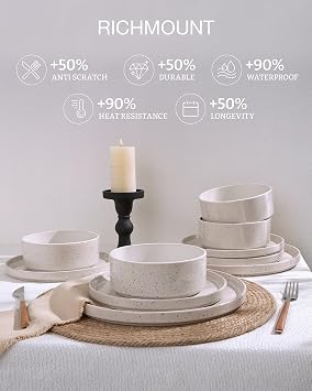 Richmount Nebula Dinner Sets for 6 People, 18PC Speckled Stoneware Set, Scratch Resistant Dinnerware Sets, Dishwasher & Microwave Safe, Dining Plates and Bowls Sets, Creamy with Colorful Speckles