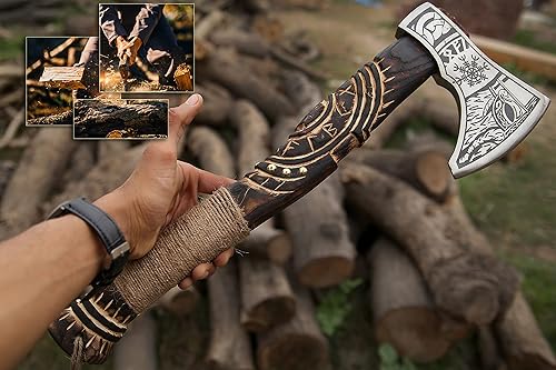 Miniatura 9 de Hacha vikinga hecha a mano de acero forjado, hacha de supervivencia para acampar y cortar madera, hacha vikinga nórdica, regalo para aventureros