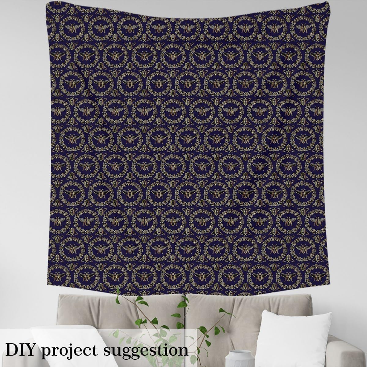 Tribal Style Decorative Fabric by The Yard Abstract Bee Animal Indoor Outdoor Upholstery Fabric Golden Flower Circle Dark Blue Fabric for Quilting Sewing Arts DIY Craft,2 Yards