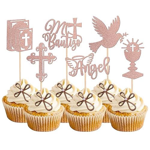 Miniatura 8 de 24 piezas de adornos azules para cupcakes Mi Bautizo con purpurina de ángel Dios bendiga Cupcake Picks Bible Dove Santo Grial Cruz Decoración para