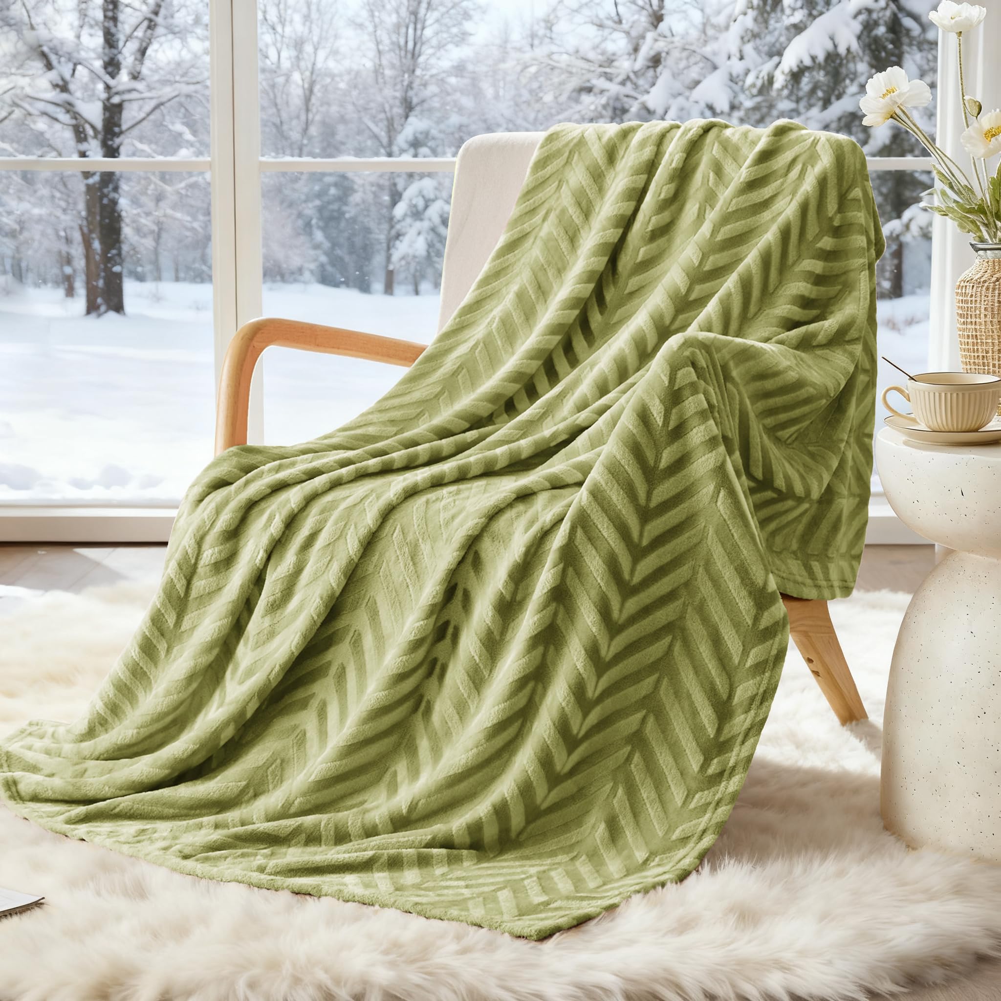 Whale Flotilla Flannel Fleece Throw Blanket for Sofa, 130x150 CM Soft Fluffy Velvet Sofa Blanket with Decorative Chevron Pattern for All Season, Warm and Lightweight, Olive Green