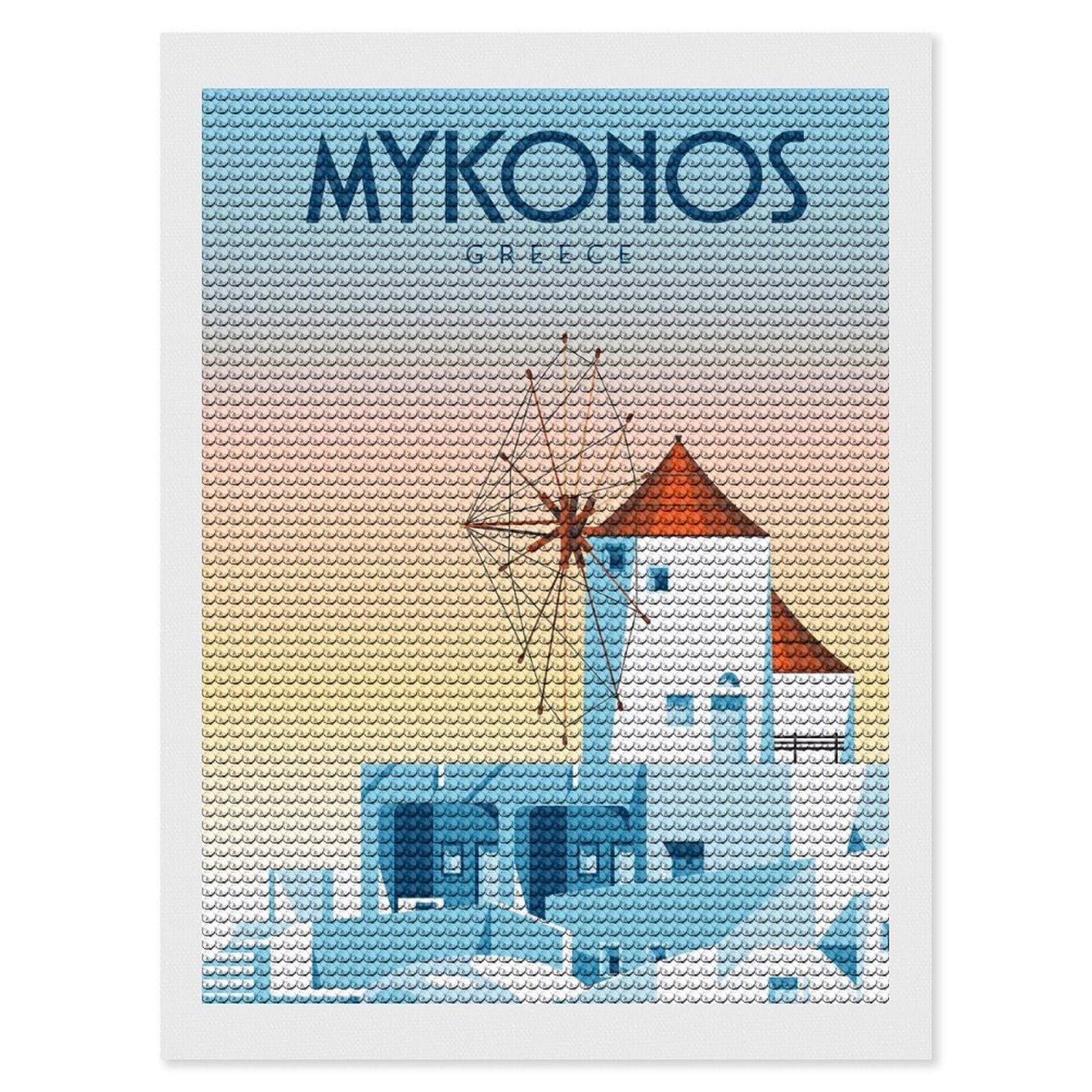 Junmoney Mykonos Diamond Painting Set 12"x16", for Adults, Decorate Your Room, Thoughtful Handmade Gift, Boho Decor, with Tool Kit