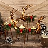 MCEAST 4 Pieces Reindeer Tealight Candle Holders Standing Iron Metal Christmas Decorations with 4 Sizes Xmas Glass Votive Holders with Pine Cones Christmas Tabletop Centerpiece, Holiday Decoration