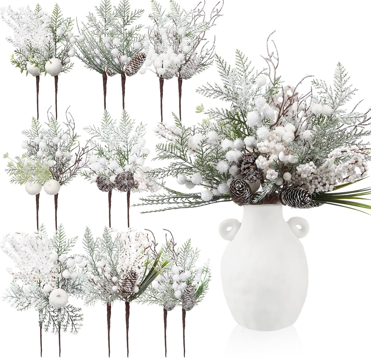 16 Pcs Christmas Pine Cones Picks Artificial Berries Sprays Branches Faux Greenery Floral Stems Snowy Holly Pine Needles for Xmas Tree Wreath Garland Craft Decor(Novelty Snowy Style)