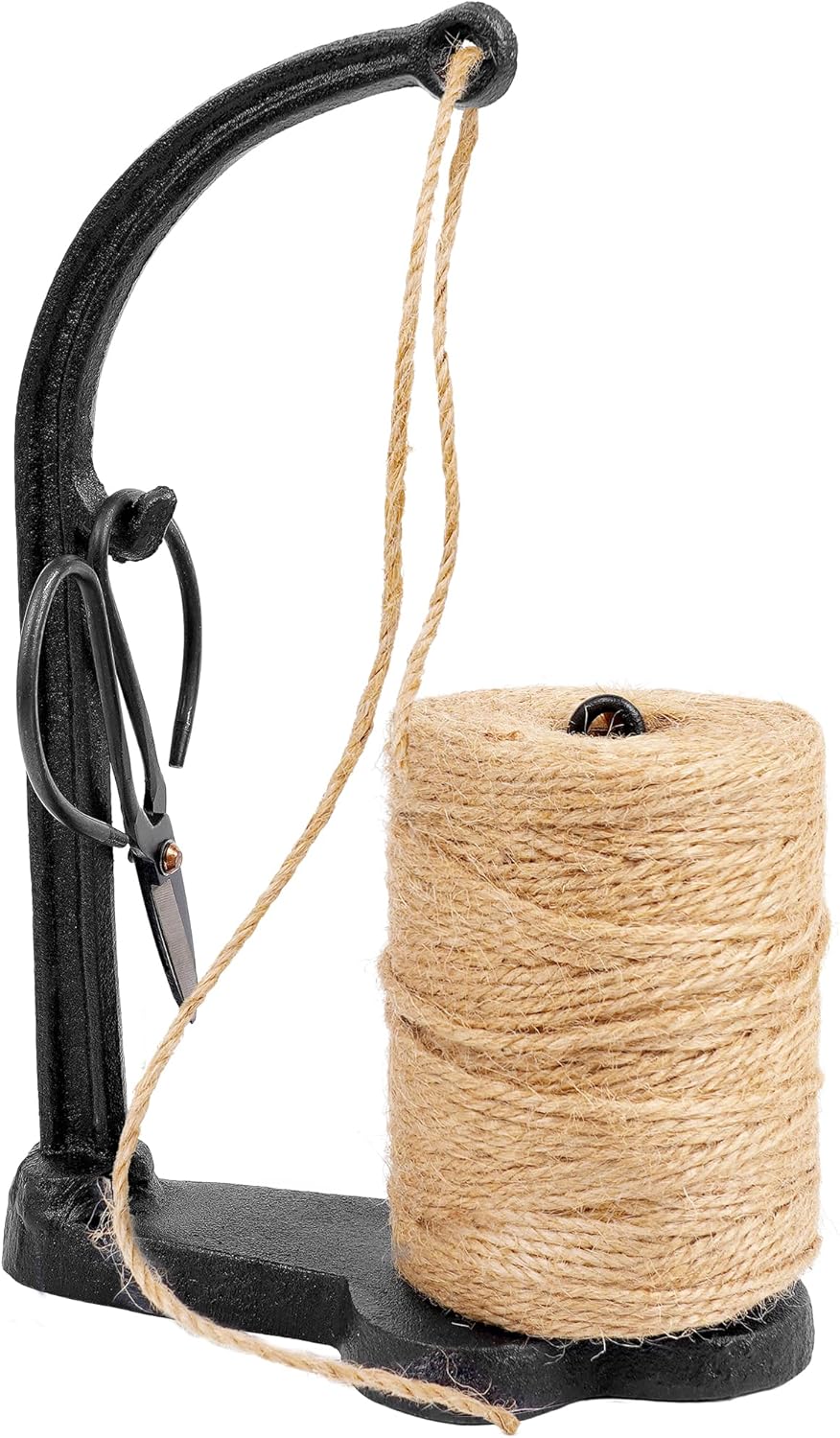 Vintage Style Cast Iron Twine and Shears Set Twine Holder with Scissors and Jute Twine Roll for Crafting, Gardening, Kitchen, Gift Wrapping, Black