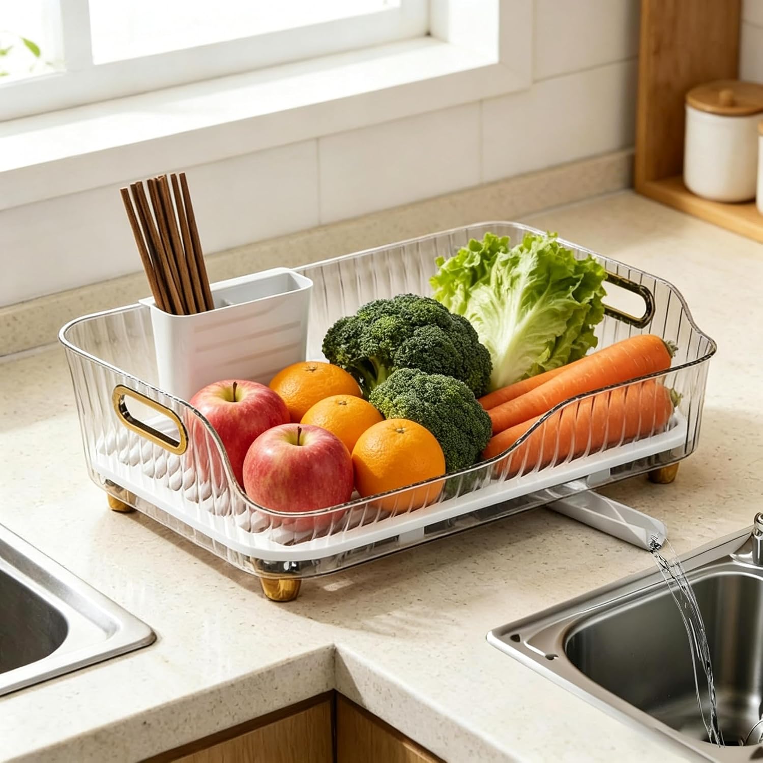 Kitchen Dish Drying Rack with Drainboard, Plastic Countertop Dish Rack with Utensil Holder, Multifunctional Dish Drainer for Dishes Bowls Cups Fruit Storage (Clear)