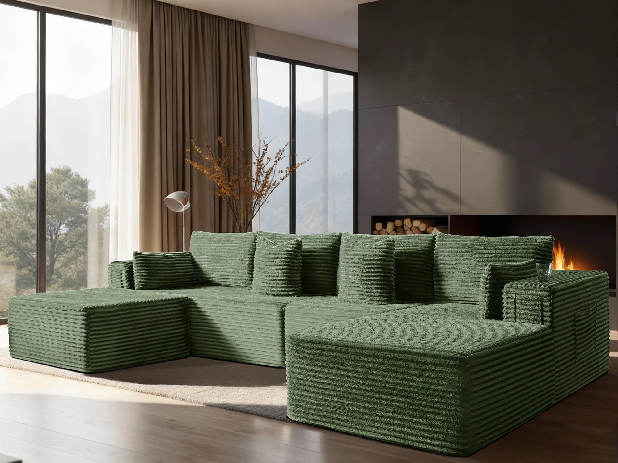 138" Cloud Sectional Couch, Comfort U Shaped Boneless Couch for Living Room, Extra Deep Seats No Assembly, Minimalist Modular Sofa, Corduroy (Olive Green, 3 Seater+Right Facing Chaise+Ottoman)
