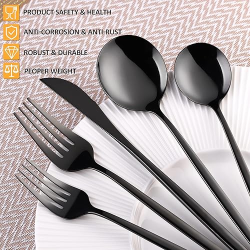 Miniatura 3 de Juego de cubiertos de 30 piezas, juego de cubiertos negros para 6, juego de utensilios de cocina finos que incluye cuchillos, tenedores y cucharas,