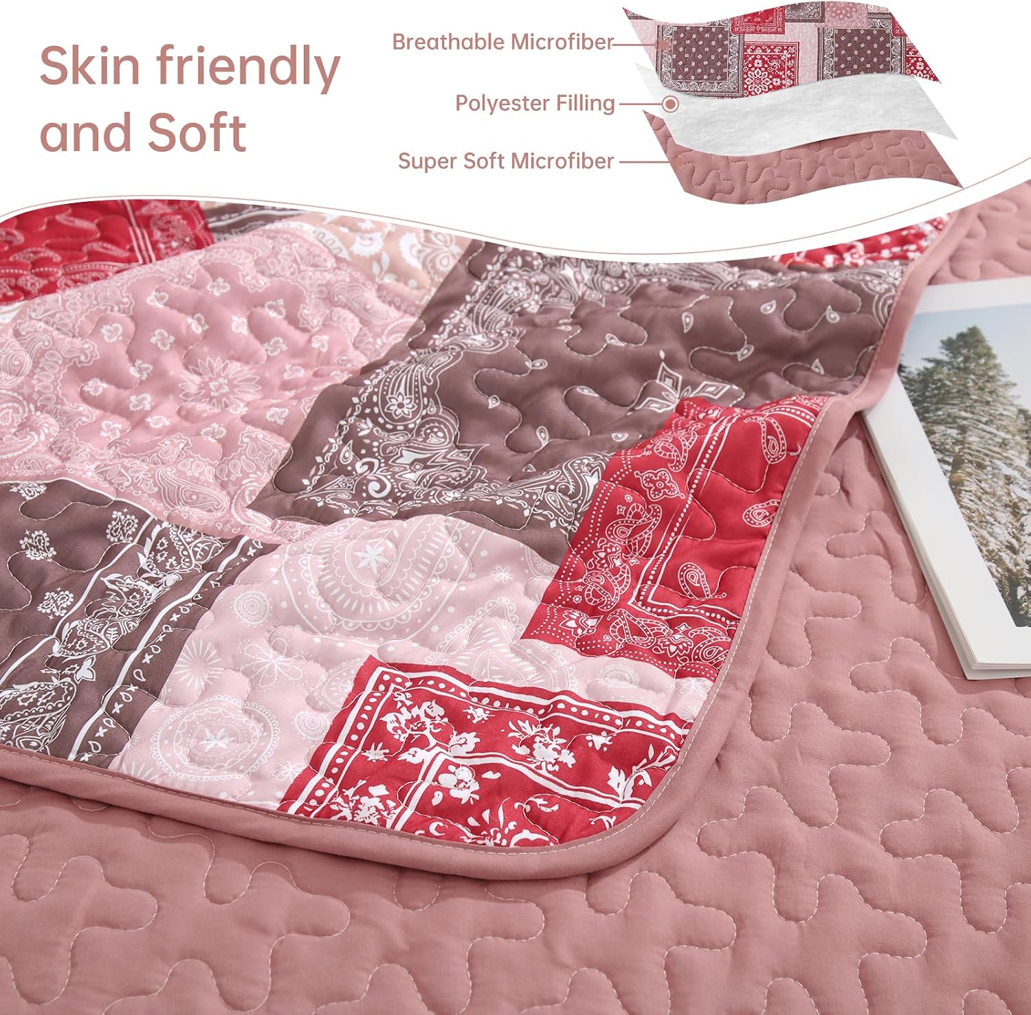 Cottolester Boho Quilt Set King,Pink Paisley Patchwork Bedspread Coverlet image 4