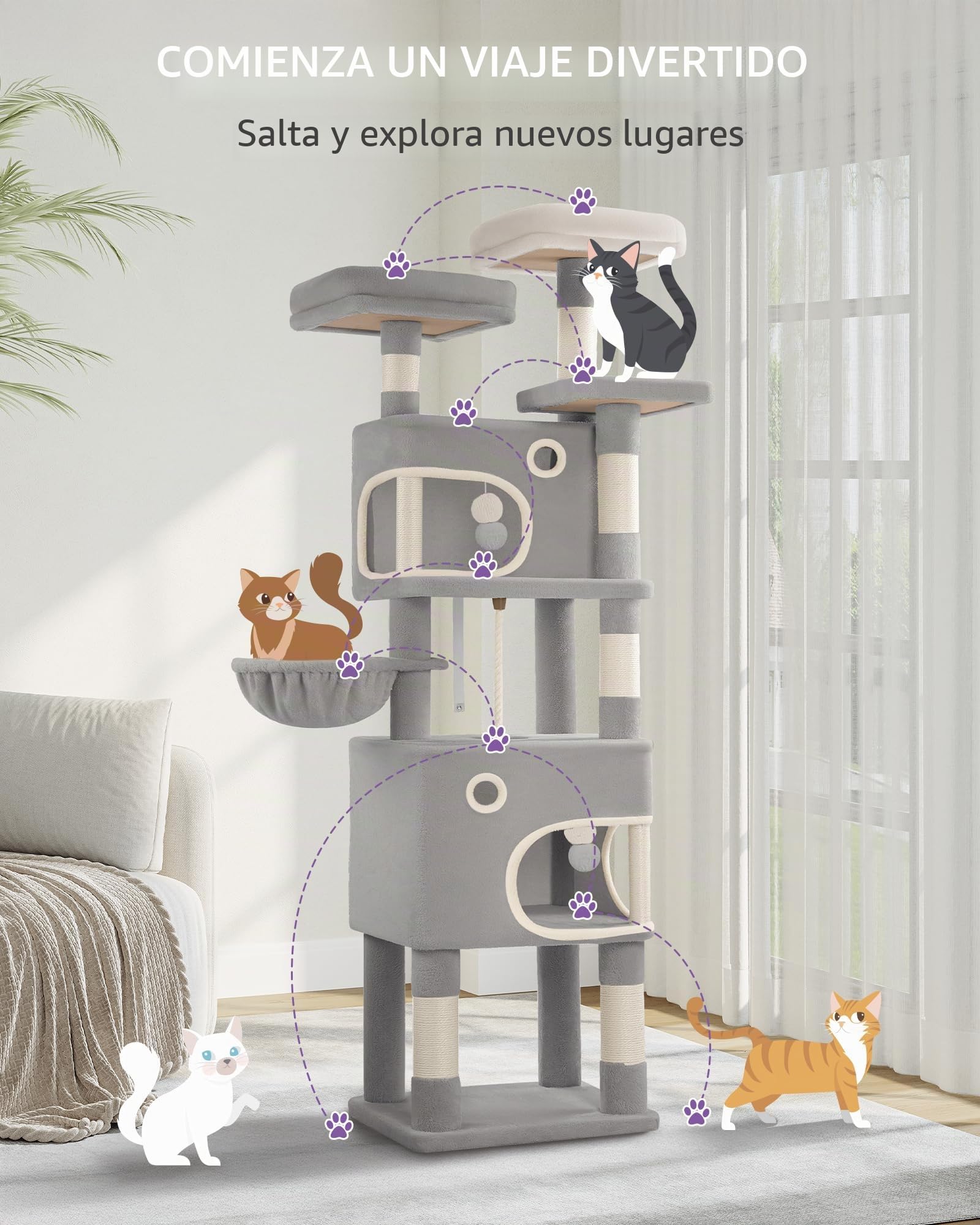 Hzuaneri Árbol para Gatos de 180 cm con 8 Postes Rascadores, 3 Plataformas, 2 Cuevas, Cesta, Bolas de Peluche y Cuerda de Sisal, Apto para Gatos de Todos Los Tamaños, Gris Claro MS18018LG
