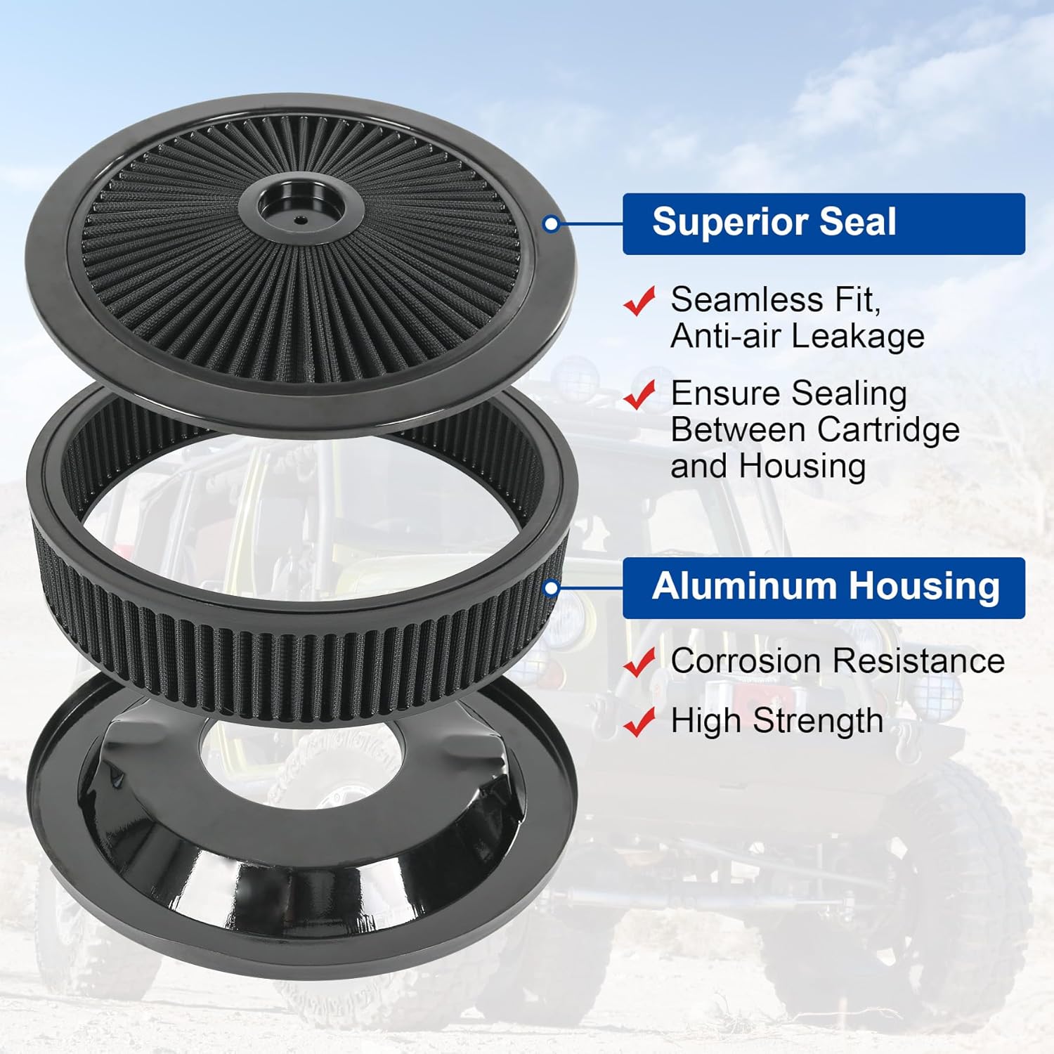 High Flow 14"x3" Round Air Cleaner filter Kit Compatible with GMC Chevy Ford Chrysler Dodge V8 with Flow-Thru Lid Caburetor 5-1/8" Carb Neck Black