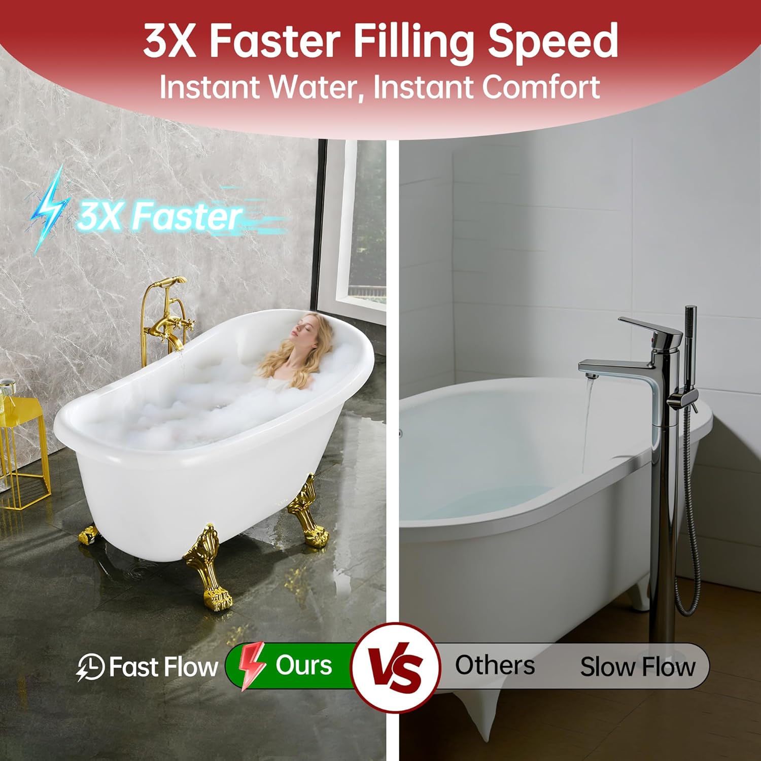 SUMERAIN Brushed Gold Freestanding Bathtub Faucet, Antique Waterfall Bathroom Tub Filler Faucet with Hand Shower, High Flow