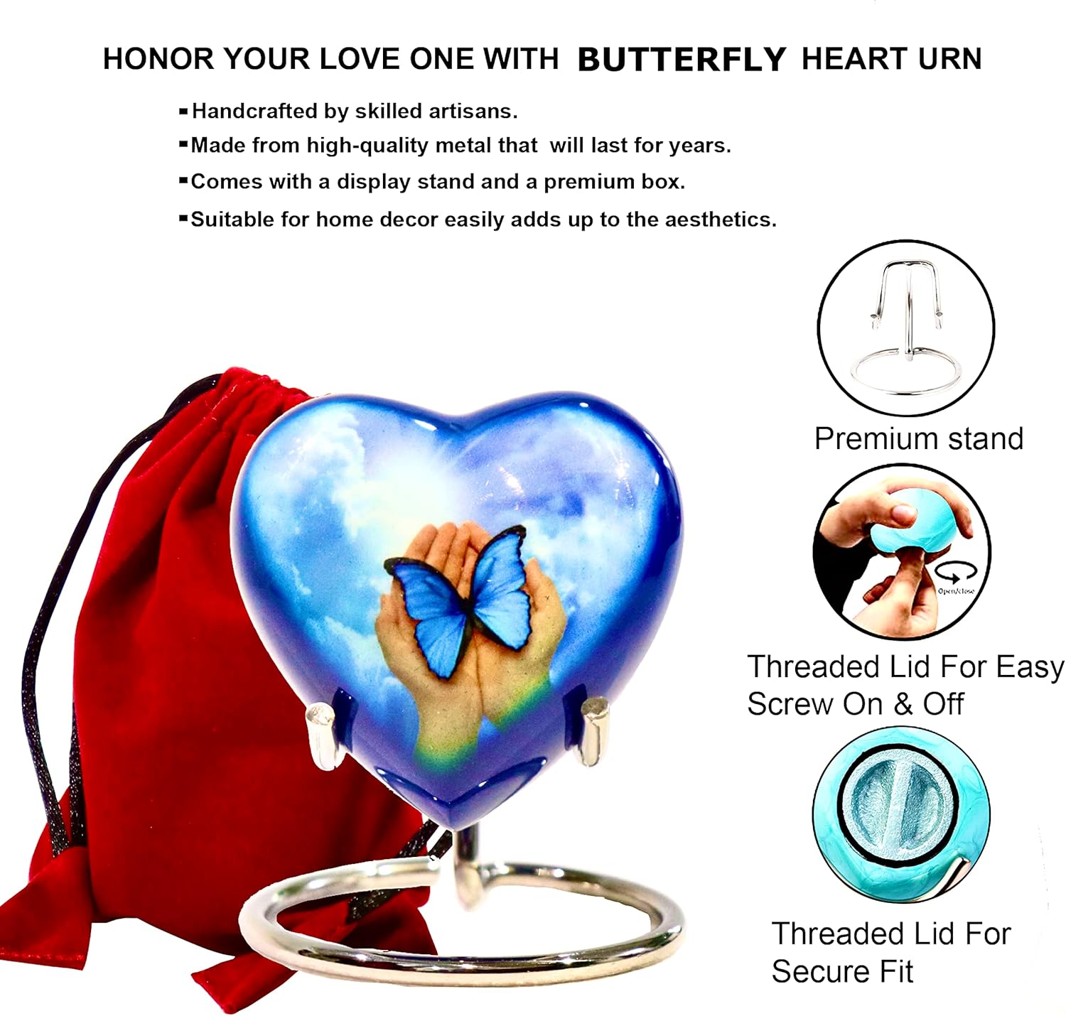 Blue Butterfly Small Love Heart Urn for Human Ashes Remains - Funeral Gift Set of Mini Heart Urn - Display Stand - Velvet Carry Bag - A Paper Funnel - Magnetic Closure Gift Box