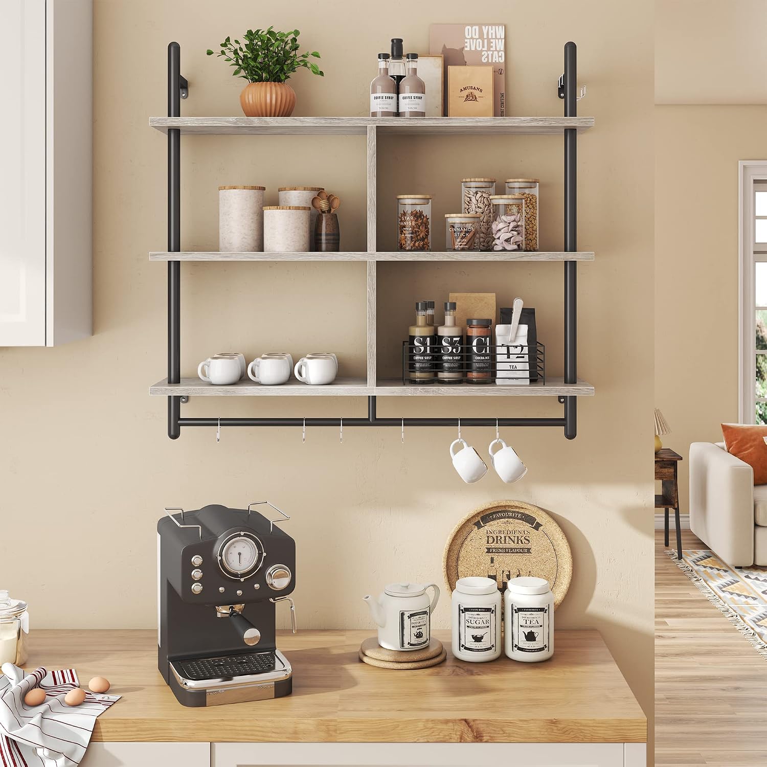 Bestier Floating Pipe Shelving Kitchen Shelves Wall Mounted 3 Tier Ladder Coffee Bar Shelf 3 Tier Bundle, Retro Grey