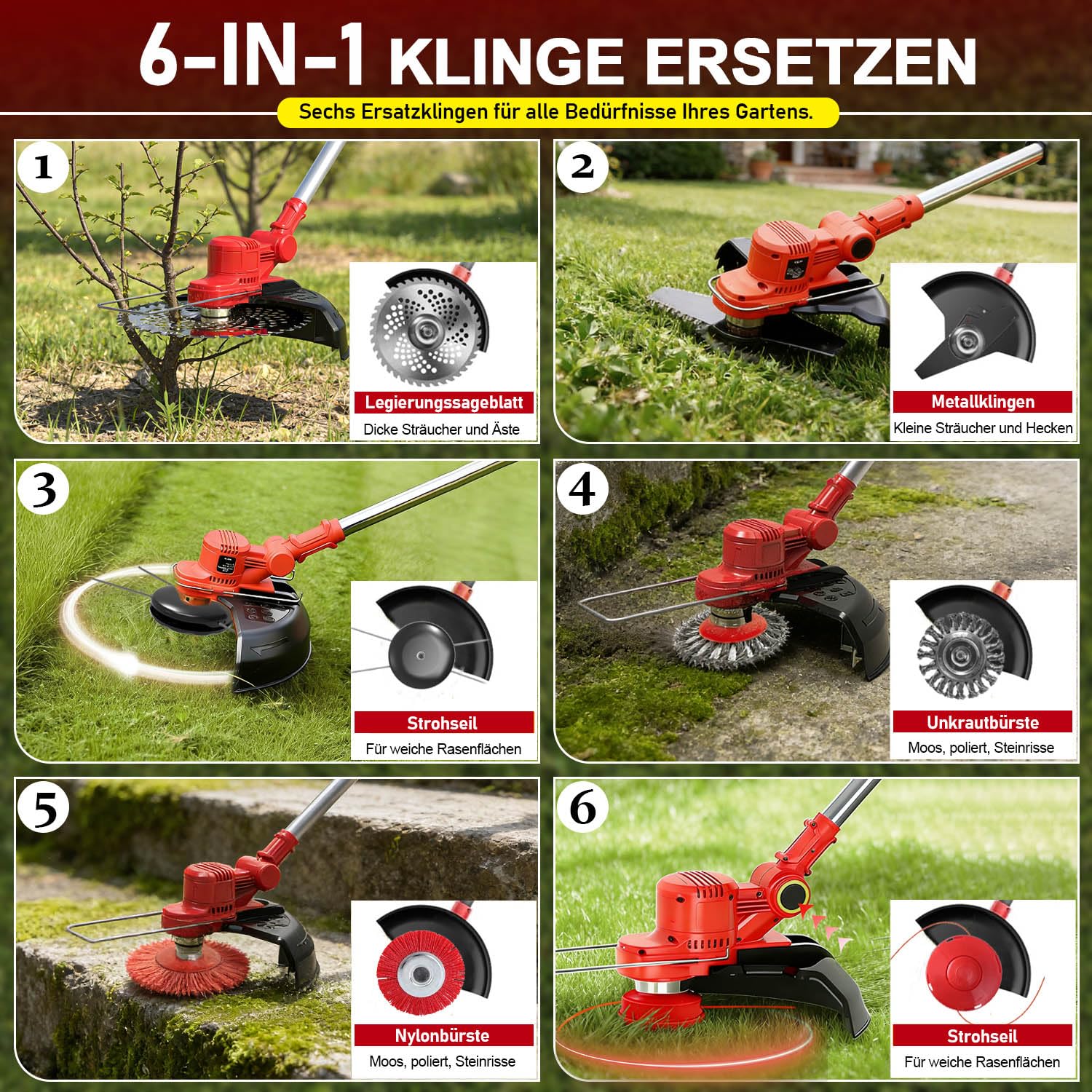 Rasentrimmer mit Akku und Unkrautbürste, 21V Akku Freischneider für Makita Akkus, 6-in-1 rasentrimmer, Freischneider Akku 20000U/min – für Dickicht und hohes Gras