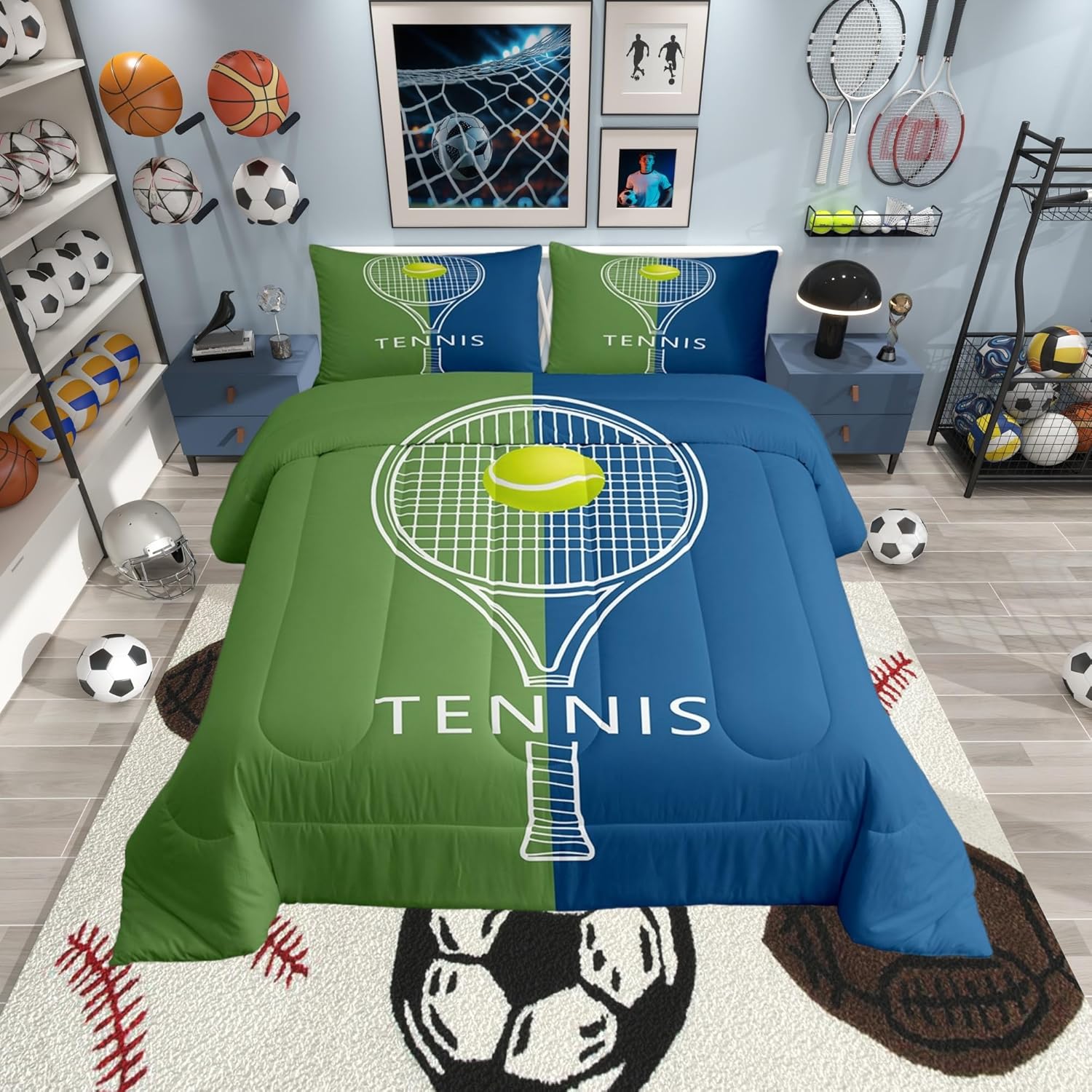 Castle Fairy Modern Tennis Sport Comforter Set for Kids Adults,Kids Boys Ball Game Tennnis Lover Bedding Comforter Sets Queen,Cartoon Racket and Ball Graffiti Quilt Comforter with 2 Pillowcases