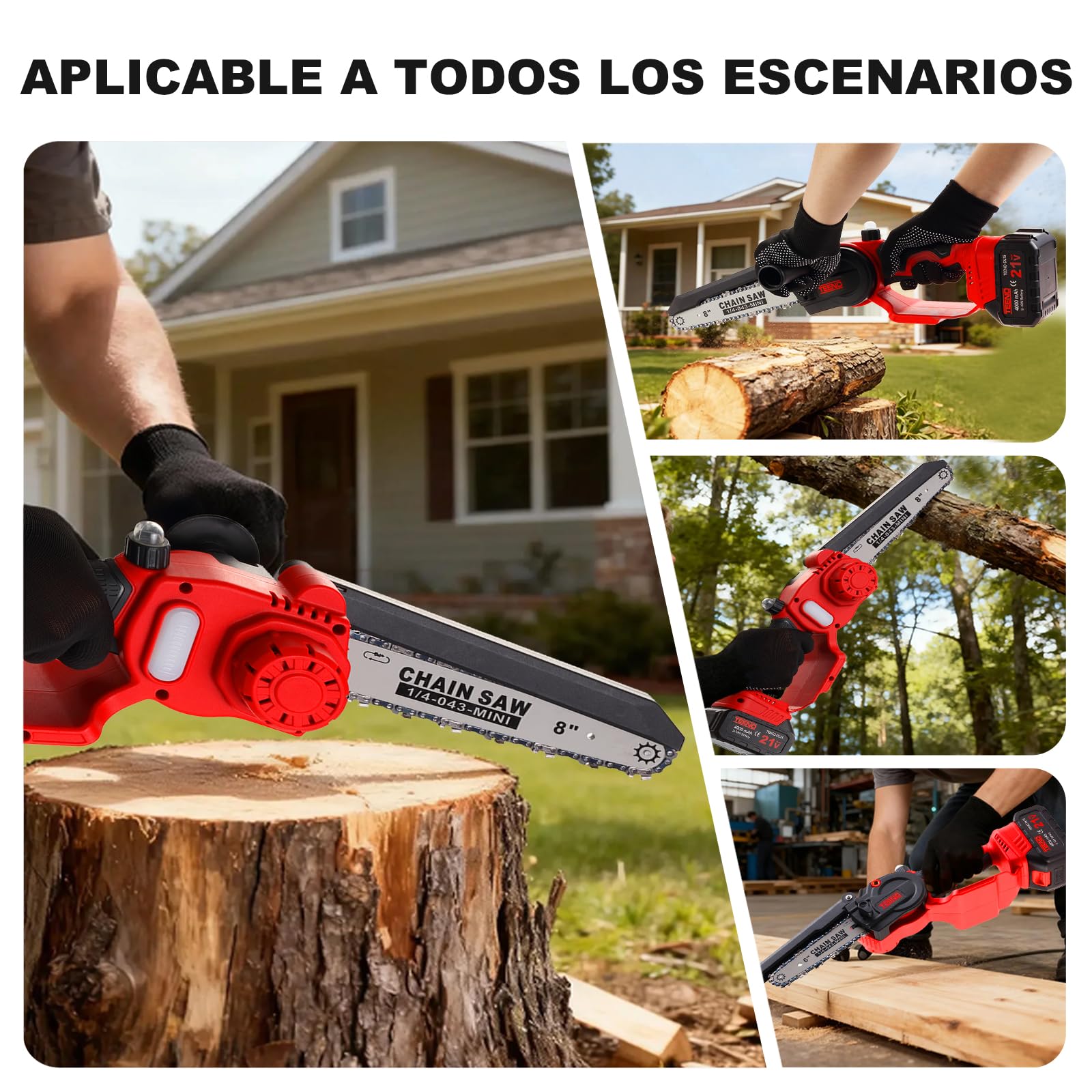 TEENO Motosierra de Batería, Mini Motosierra Eléctrica 6&8 Pulgadas 2-en-1, Kit con 6 Cadenas (3×6"+3×8"), Motor Sin Escobillas, 2×4000mAh, 5500 RPM, Ligera para Jardín, Podar, Madera