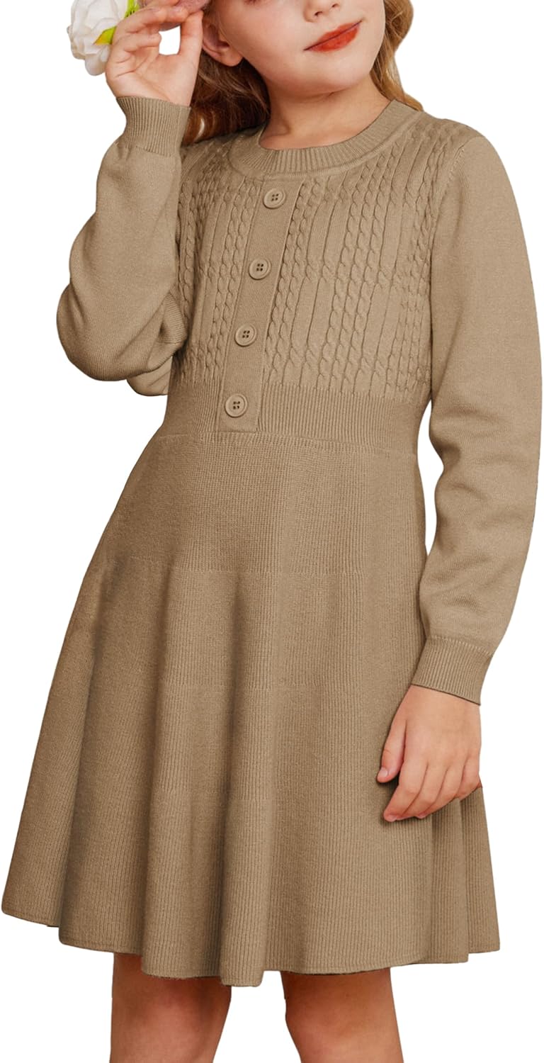 GRACE KARIN Girl Dress Long Sleeve Sweater Ruffle Button Front Knit Casual Fall Winter Dresses for Girls 5-12