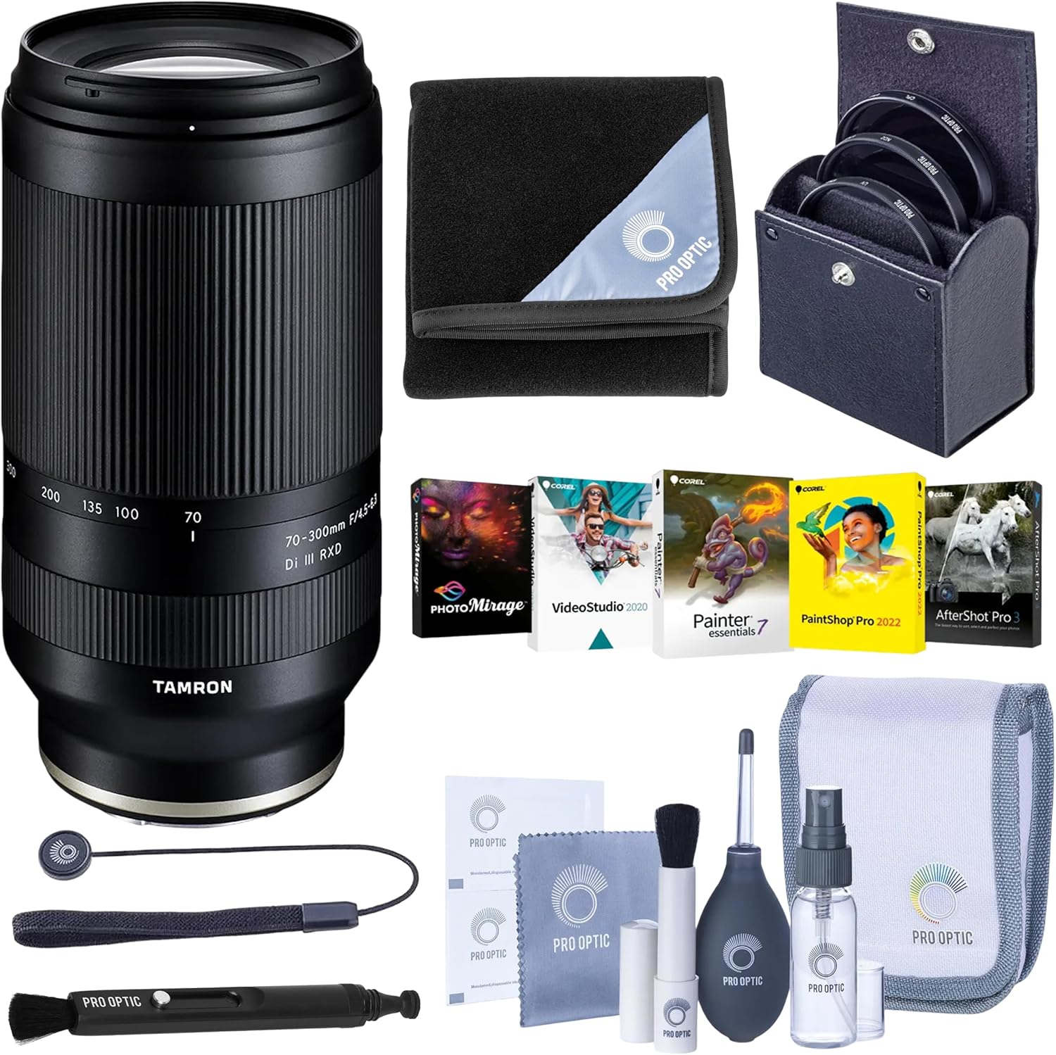 Tamron 70-300mm f/4.5-6.3 Di III RXD Lens for Sony E, Bundle with ProOptic 67mm Filter Kit, Lens Wrap, Lens Cap Tether, Cleaning Kit, PC Software Kit, Lens Cleaner
