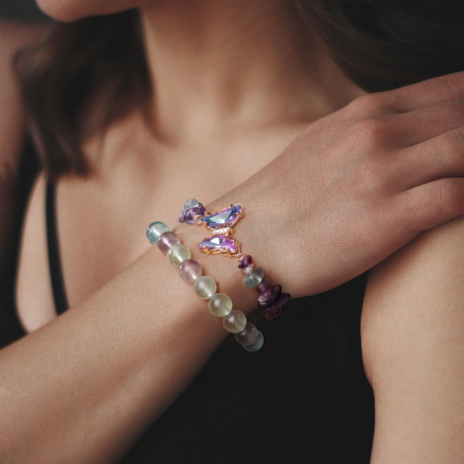 Braccialetto di Ametista per Donna, Braccialetti Anti-ansia con Perline di Ametista, ciondoli a Farfalla, Braccialetti a Strati di Pietre per Donna