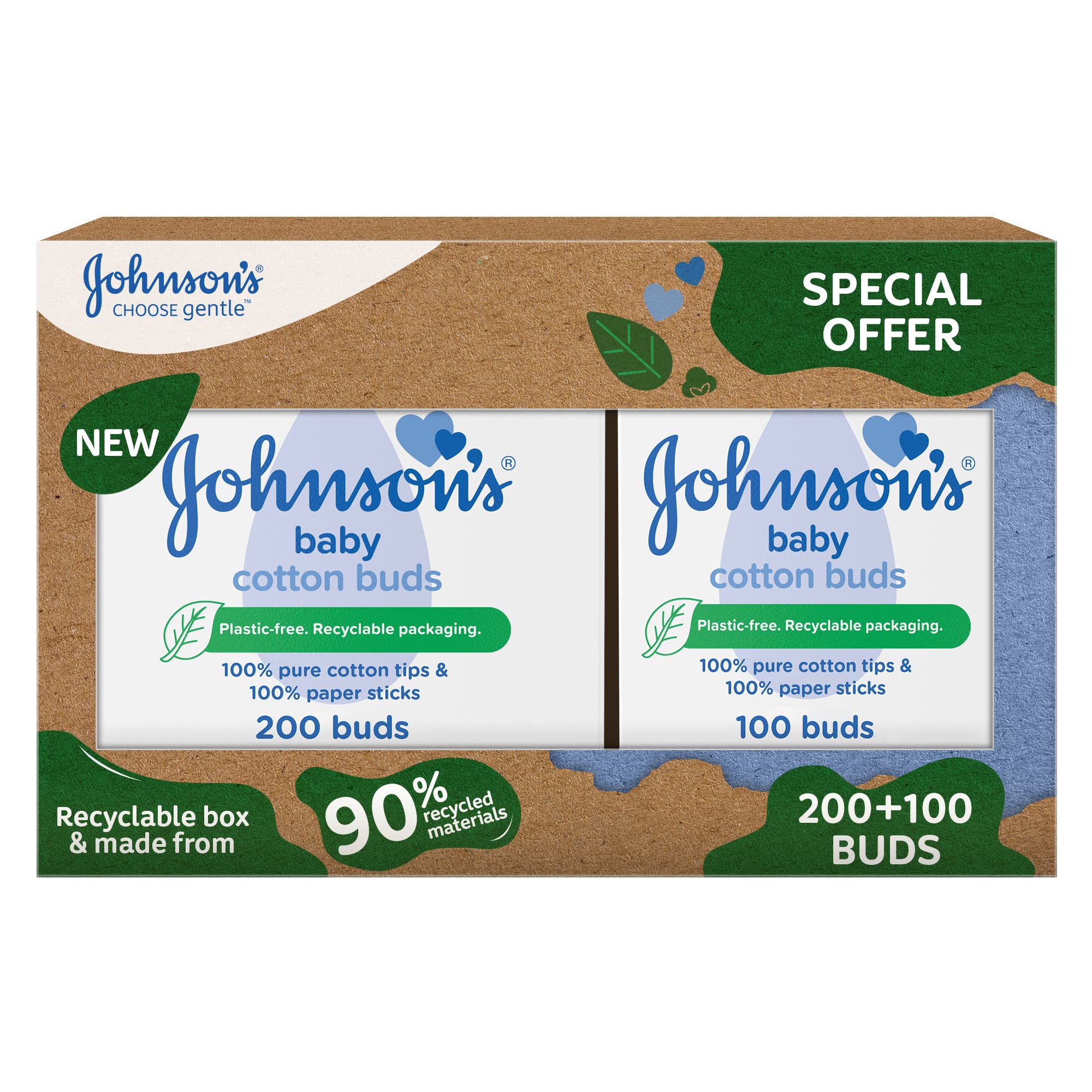 Johnson's Baby Cotton Buds, 200 Sticks (2 Pack), Soft and Gentle on Baby's Delicate Ears and Nose, Pediatrician Approved, Suitable for Newborns and Up