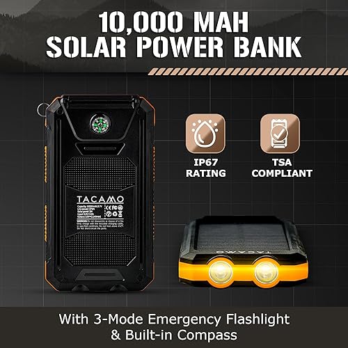 Miniatura 2 de TACAMO® Cargador portátil de banco de energía solar - IP67 impermeable y resistente al polvo - Cumple con TSA - para mochileros y camping - Puerto