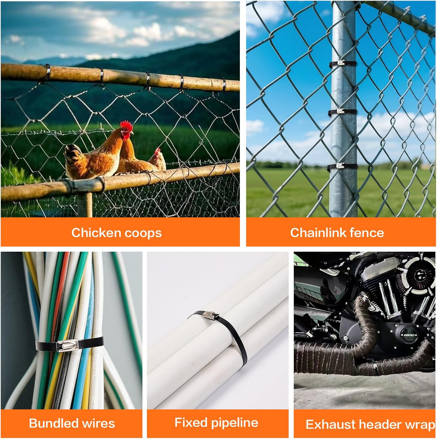 Stainless Steel Cable Tie Gun Kit：With 300pcs Uv Resistant Black Metal Zip Ties Heavy Duty Outdoor (150 Each of 8, 12 Inch) Adjustable Fastening Cutting Tie Tool Sets，for Chainlink Fence，Exhaust Wrap