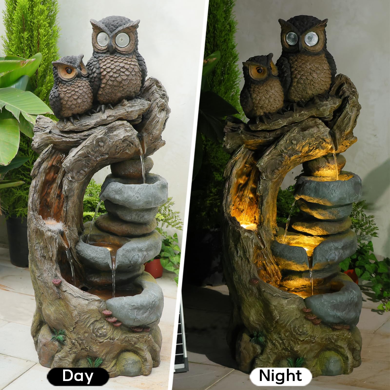 Solar Springbrunnen Außen Eulen, 4 - Stufen Gartenbrunnen Kaskade Zimmerbrunnen mit LED - Beleuchtung, Gartenbrunnen für Balkon, Terrasse, Drinnen & Draußen, Gartendekoration, 87 cm