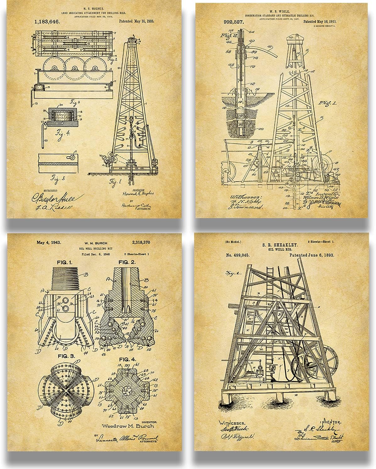 Govivo Oil Rig Patent - A Set of Four Oil Drilling Patents Wall Art Decor Prints with sepia backgrounds - unframed artwork printed on photograph paper