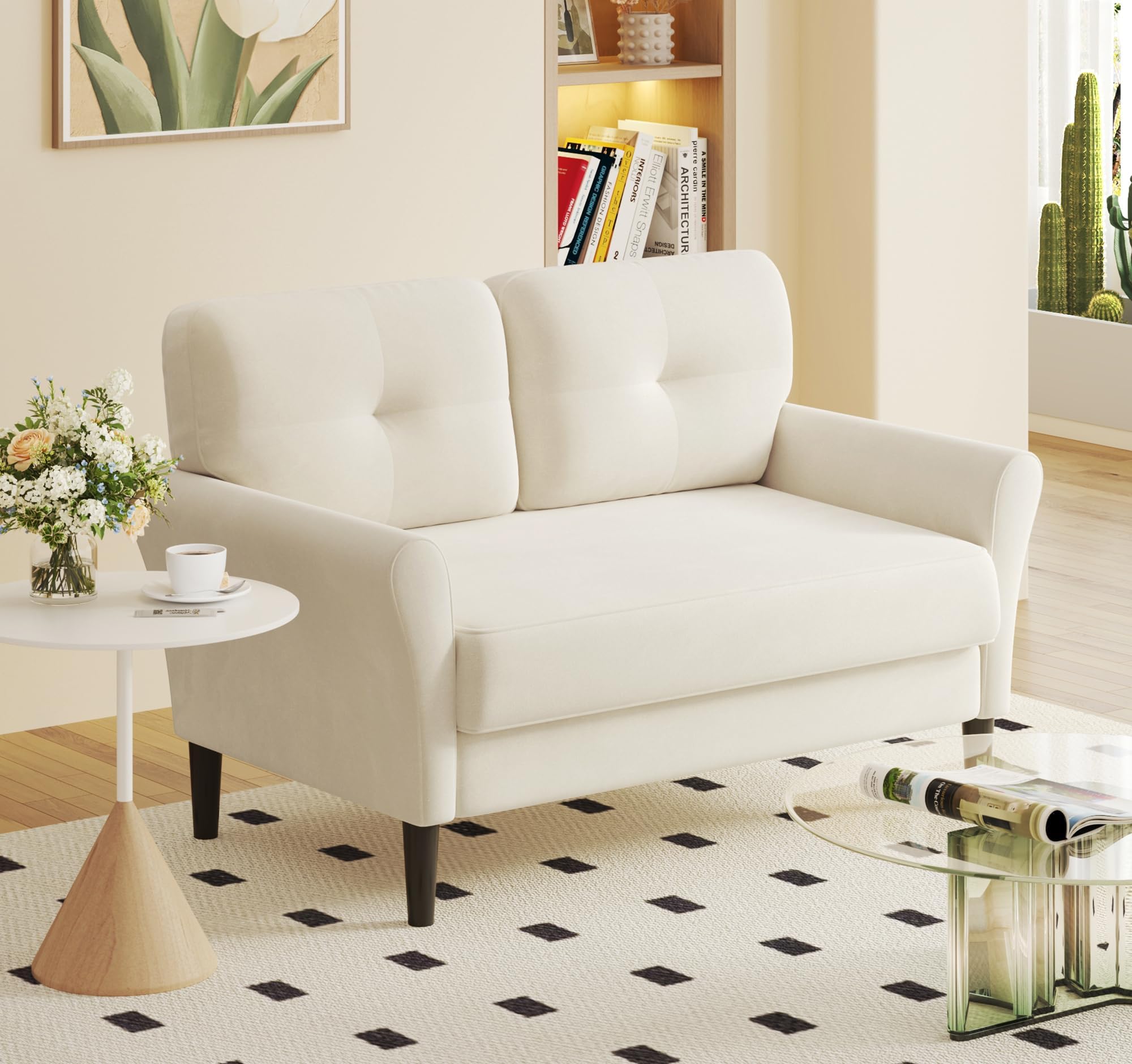 Domusensus 2 Seater Sofa, 123CM Modern Small Sofas, Comfy Couch with Spring Cushion, Velvet Two Seater Sofa With Wood Legs, Love Seat for Living Room, Small Couch for Bedroom, Beige โ image 1