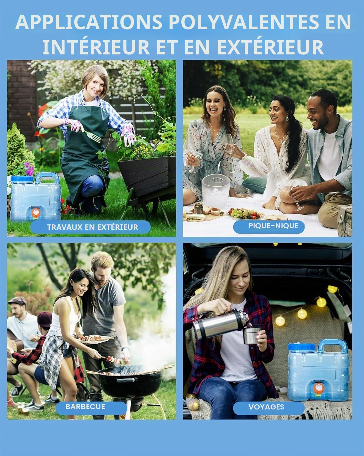 Bidon d'eau avec robinet et couvercle à visser sans BPA réservoir d'eau potable portable bleu transparent