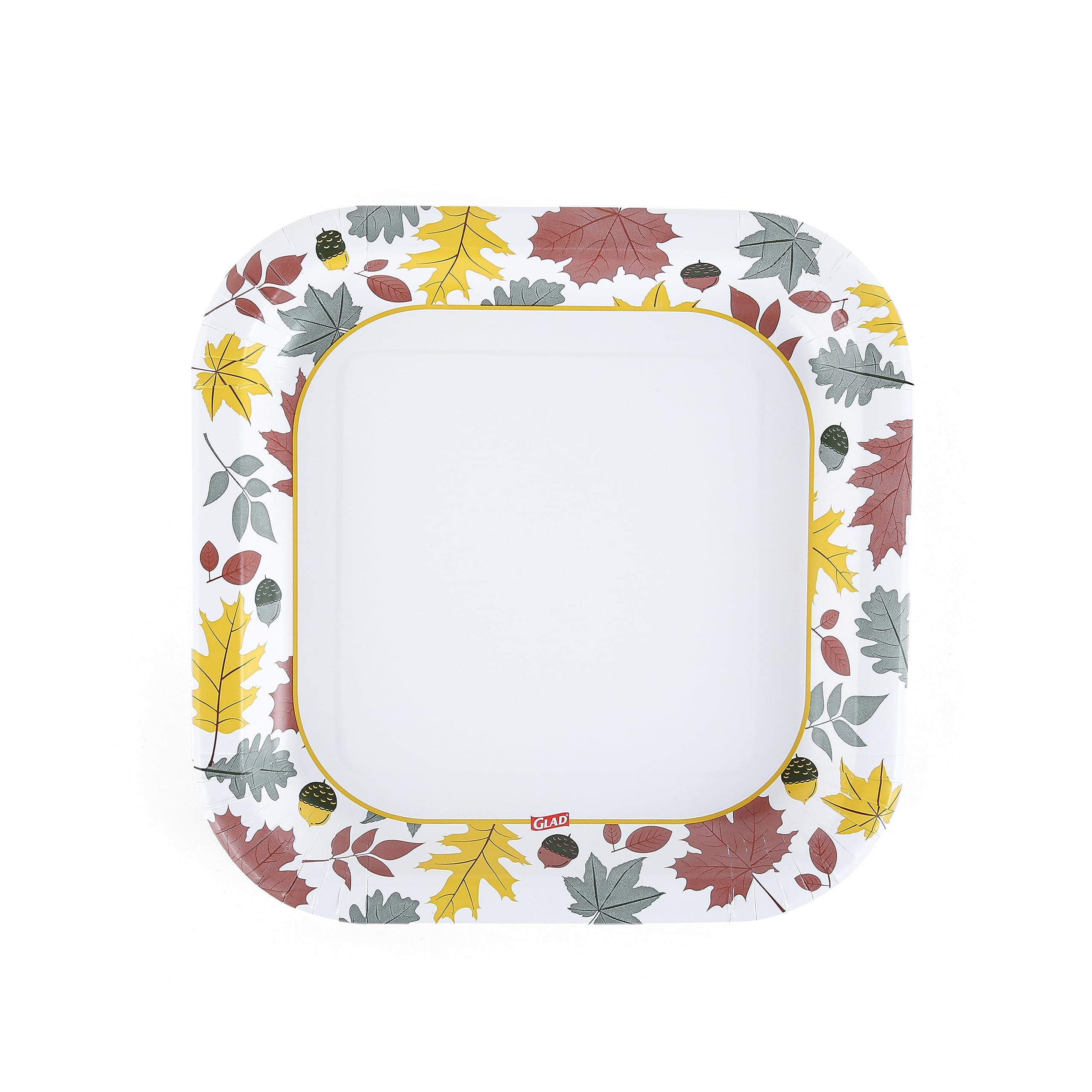 Glad Everyday Lot de 24 assiettes carrées jetables en carton avec motif feuillage tombant, résistantes aux coupes, passent au micro-ondes pour tous les aliments et un usage quotidien, 25,4 cm, 20