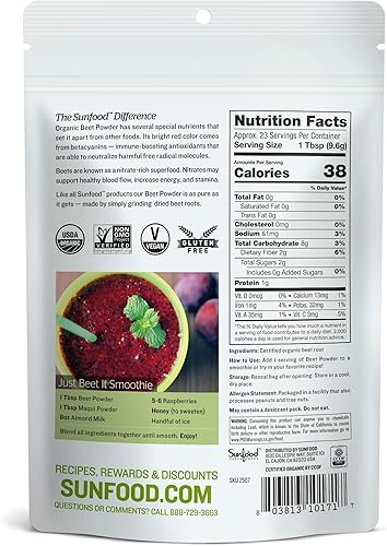 Miniatura 2 de Sunfood Superfoods Polvo de raíz de remolacha orgánica Remolacha para jugos y batidos, colorante natural de alimentos para hornear, certificado