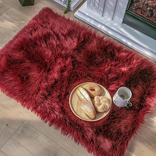 Ashler faux fur rug, Fluffy Shaggy Area Rug Ultra Soft 2 x 2.9 Feet Rectangle Fur Rug Deep Red Fuzzy Rug Machine Washable Shag Rug, Nursery Decor Throw Rugs for Bedroom, kids room, Living Room