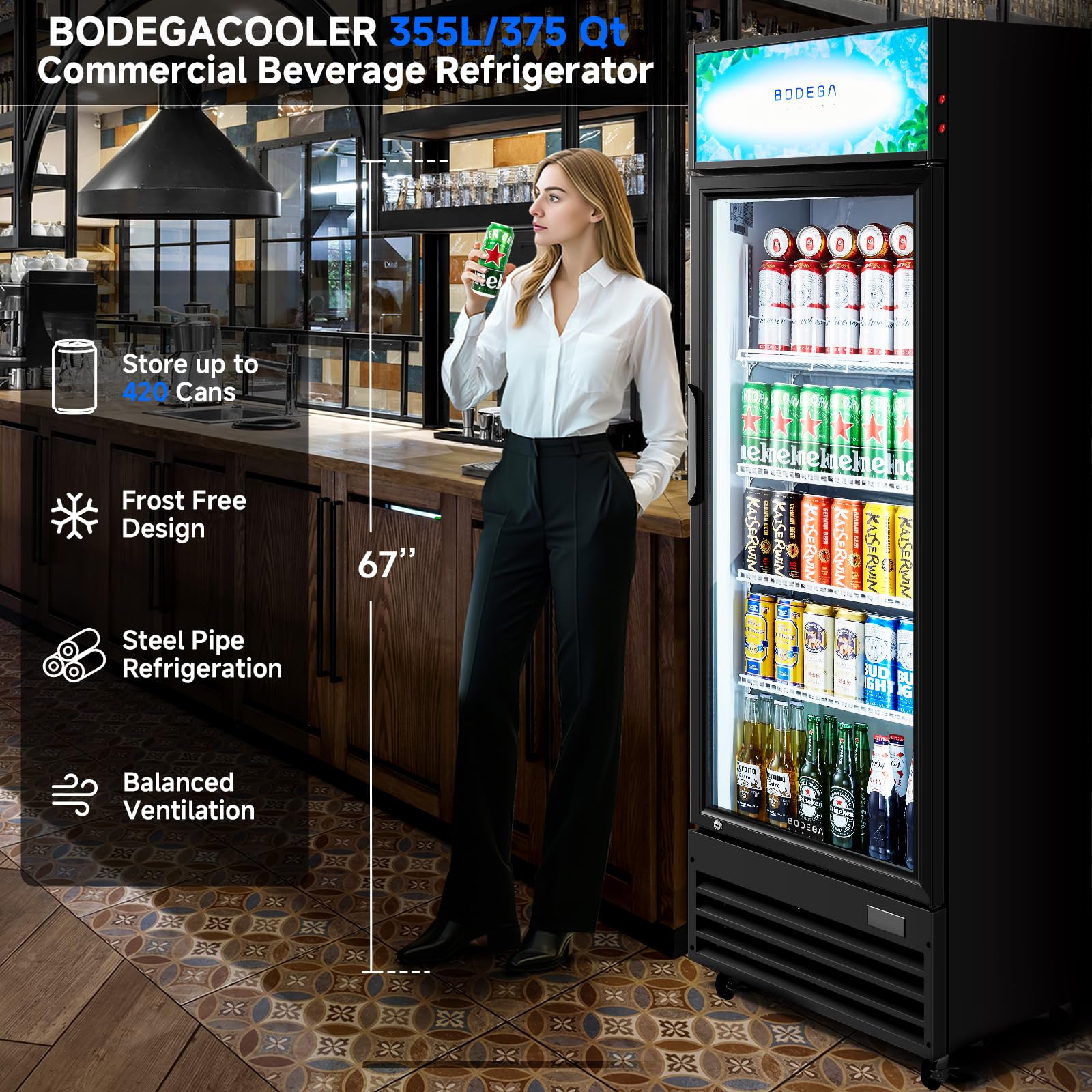 Bodegacooler Beverage Refrigerator, 355l/375 Qt Commercial Refrigerator For Kitchen, Home,Office And Garage, 420 Cans & 160 Bottles Display Refrigerator For Beer,Soda, Bar Cooler With Soft LED Light. on Fridge.com - View 2