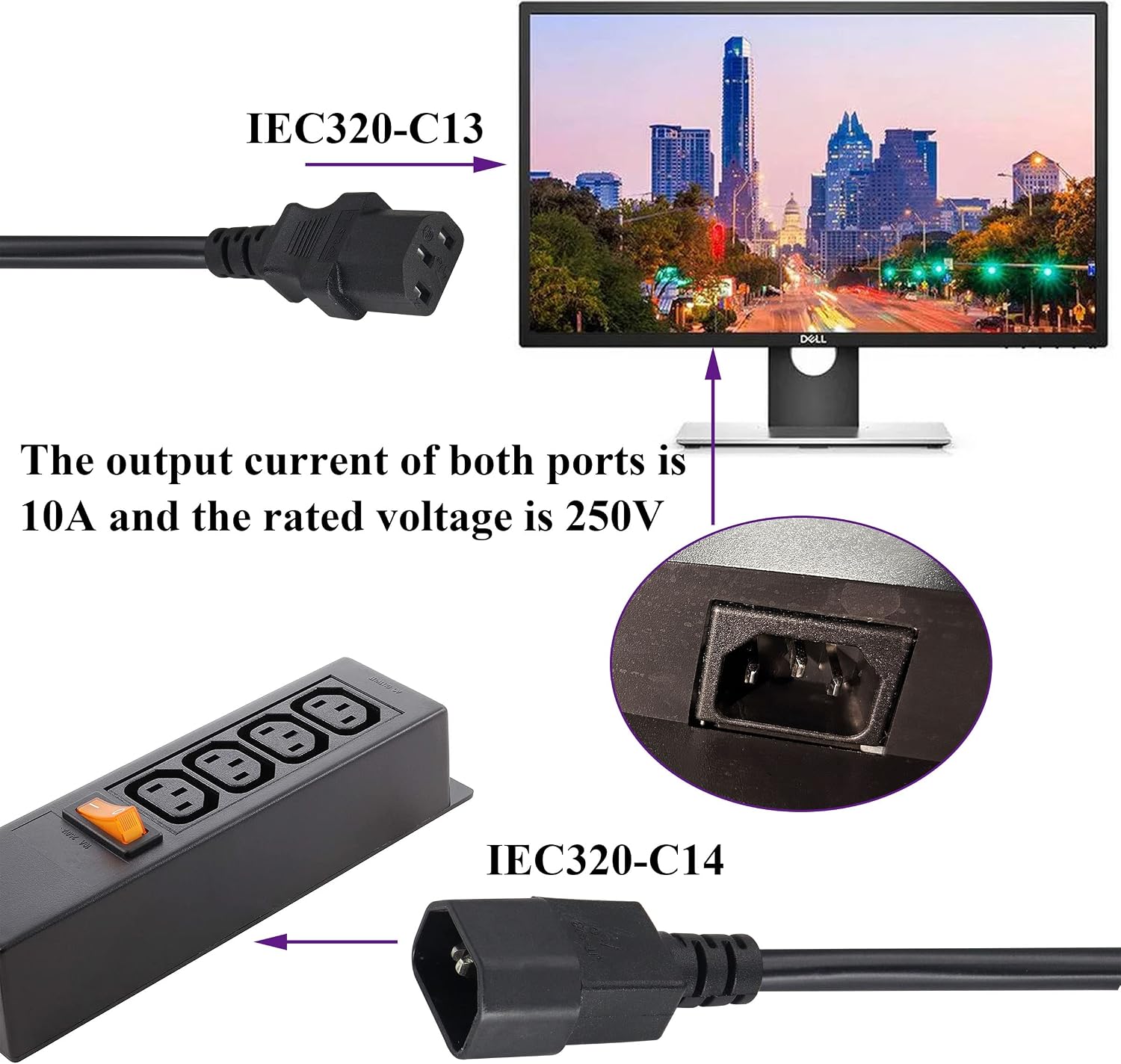 (2 Pack) IEC320 C14 to C13 Power AC Adapter Cable C13 to C14 with Switch Cord C13 Female to C14 Male PDU Power Supply Extension Cord for Computer LED HDTV Monitor(0.3m/1ft)(C14 to C13/Switch)