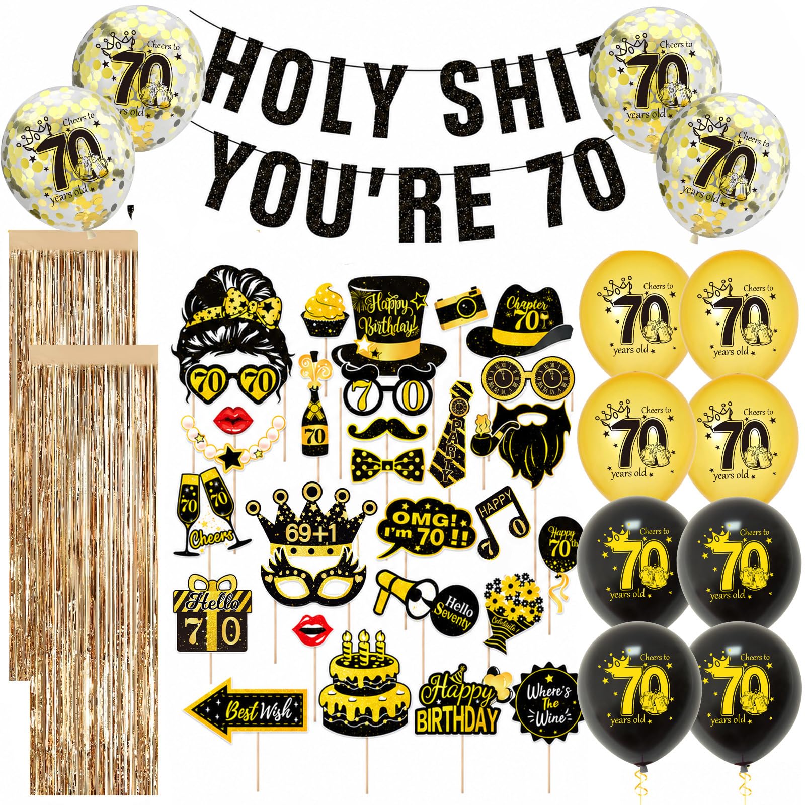 AURALIN 70th Birthday Photo Booth Props Black Gold Party Decoration Set