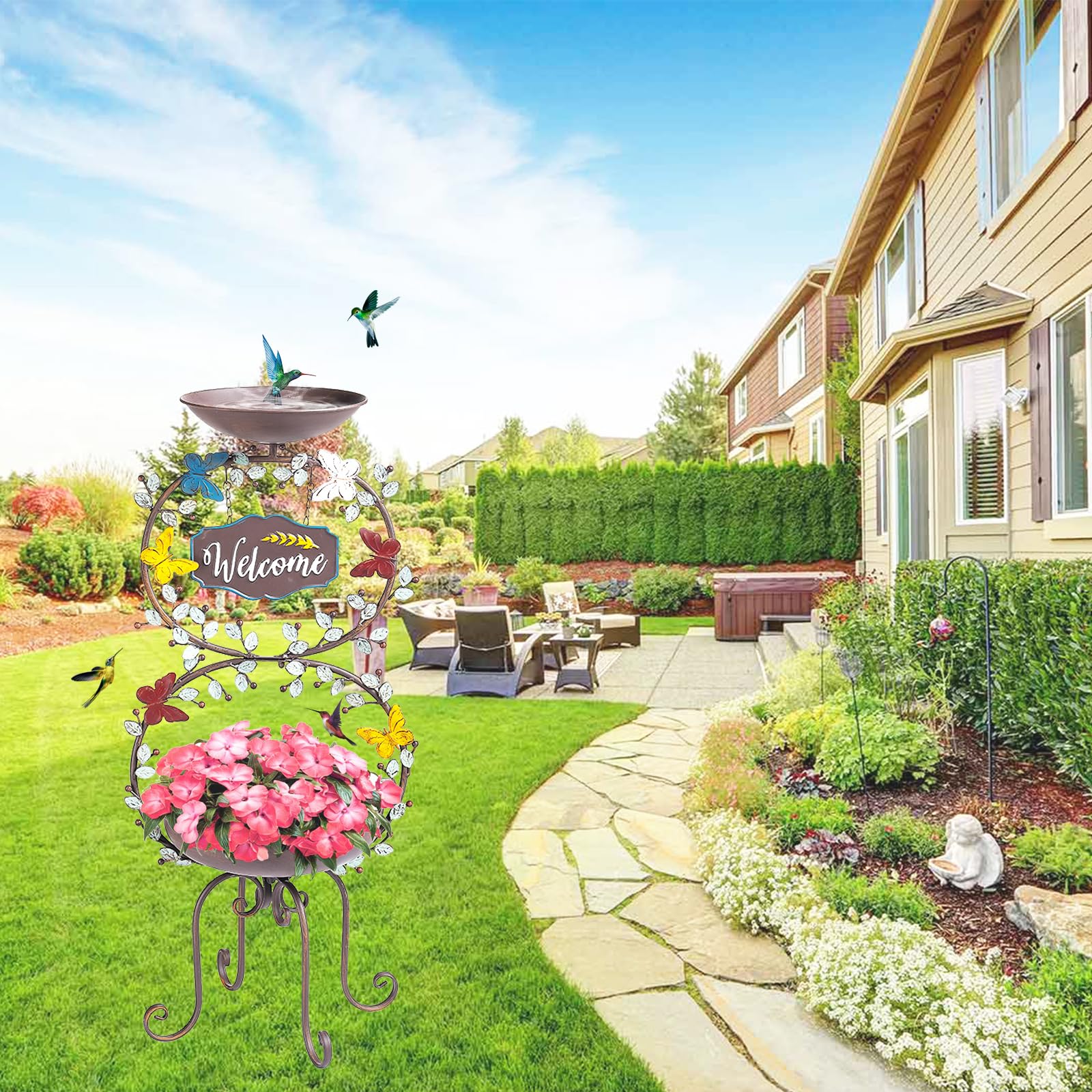 TICKCACY Vintage Bird Baths for Outdoors, 36.5â€? Metal Birdbath with Flower Planter Pedestal, Garden Decorative Standing Bird Baths Bowl, Bird Feeder and Plant Decor for Outside Yard Lawn