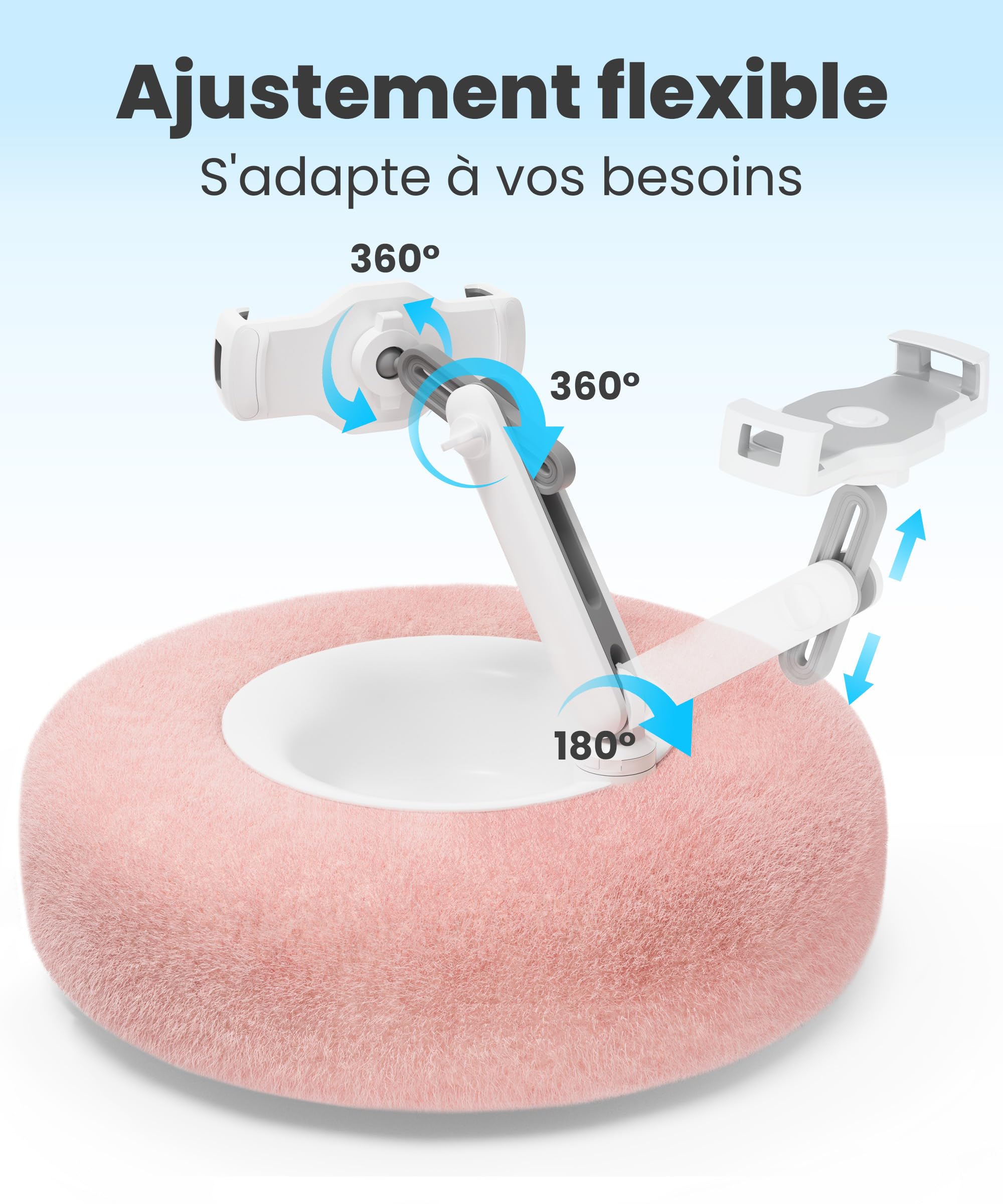 VOLTIFYMAX Coussin pour Tablette avec Tourne-Page Kindle, Support iPad 360° Réglable et Bol à Snacks, Compatible Kindle 4.7"-13"/Paperwhite/iPad/iPhone/Samsung, Rose