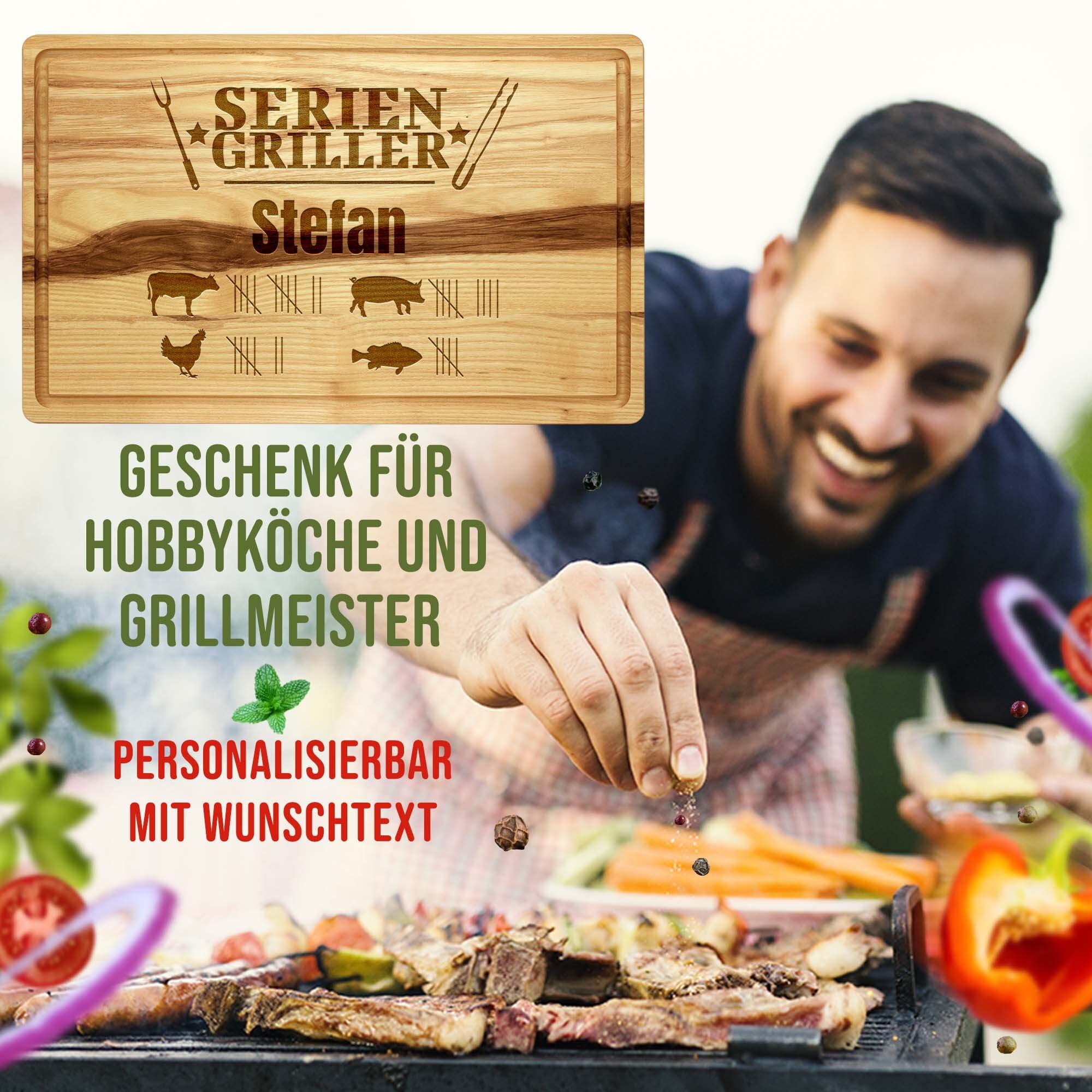 PR Print Royal Großes Holzbrett mit Gravur - Schneidebrett personalisiert mit Name - Seriengriller - Geschenke für Grillfans zum Geburtstag | Eschenholz, 40 x 25 x 2 cm, personalisiertes Geschenk