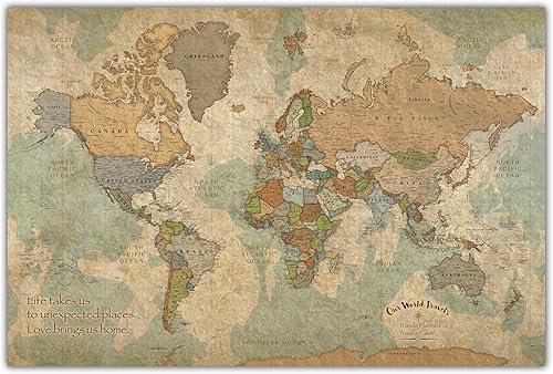 HolyCowCanvas Mapa del mundo personalizado en lienzo en tonos tierra vintage, personaliza con tus nombres y cita para rastrear viajes, tablero de