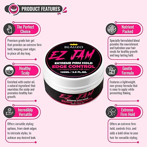 Miniatura 3 de BEAUZO EZ JAM Edge Control  Sujeción firme extrema (3.4fl oz3.5 onzas líquidas), sin descamación, sin picazón, sin sequedad, sin residuos blancos,