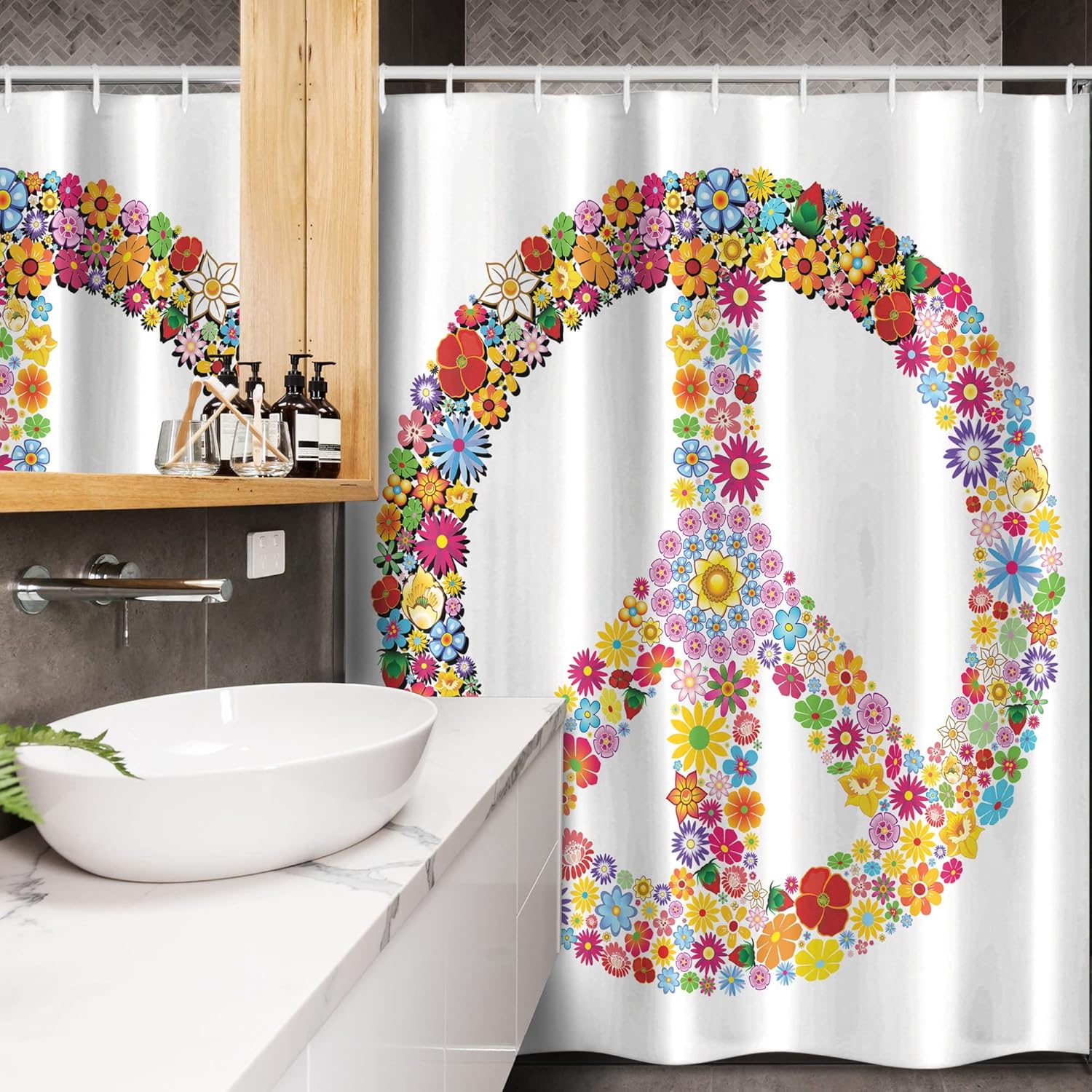 Ambesonne Groovy Stall Shower Curtain, Floral Peace Sign Summer Spring Blooms Love Happiness Themed Illustration Print, Fabric Bathroom Decor Set with Hooks, 54" W x 78" L, White