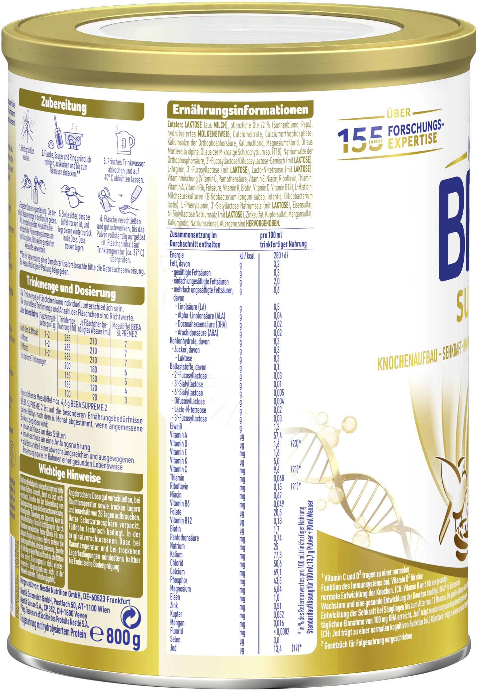 BEBA SUPREME 2 - Folgemilch nach dem 6. Monat, Mit 6 HMO Komplex, Patentiertes Produkt, Nur Laktose, Ohne Palmöl, Ohne Fischöl, Babynahrung, Baby-Milchpulver, 6er Pack (6 x 800g)